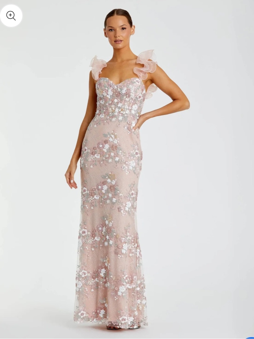 Mac Duggal Pink Embroidered Lace Floral Gown with Ruffle Straps